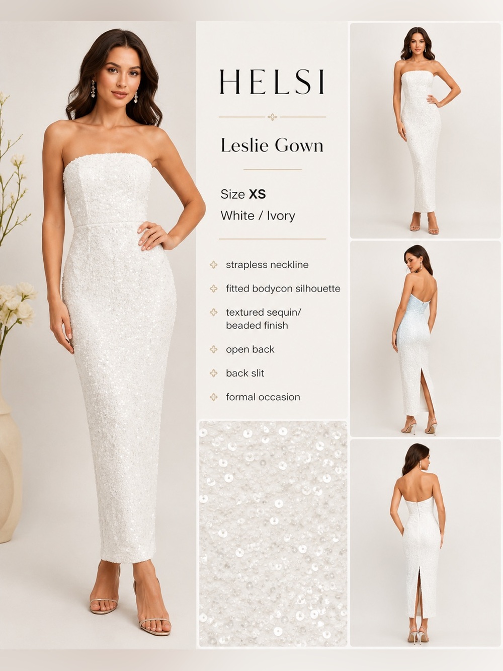 HELSI Leslie Strapless Sequin Bodycon Gown White Ivory XS NWOT